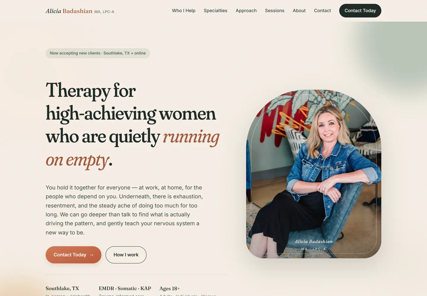Alicia Badashian Counseling website, desktop