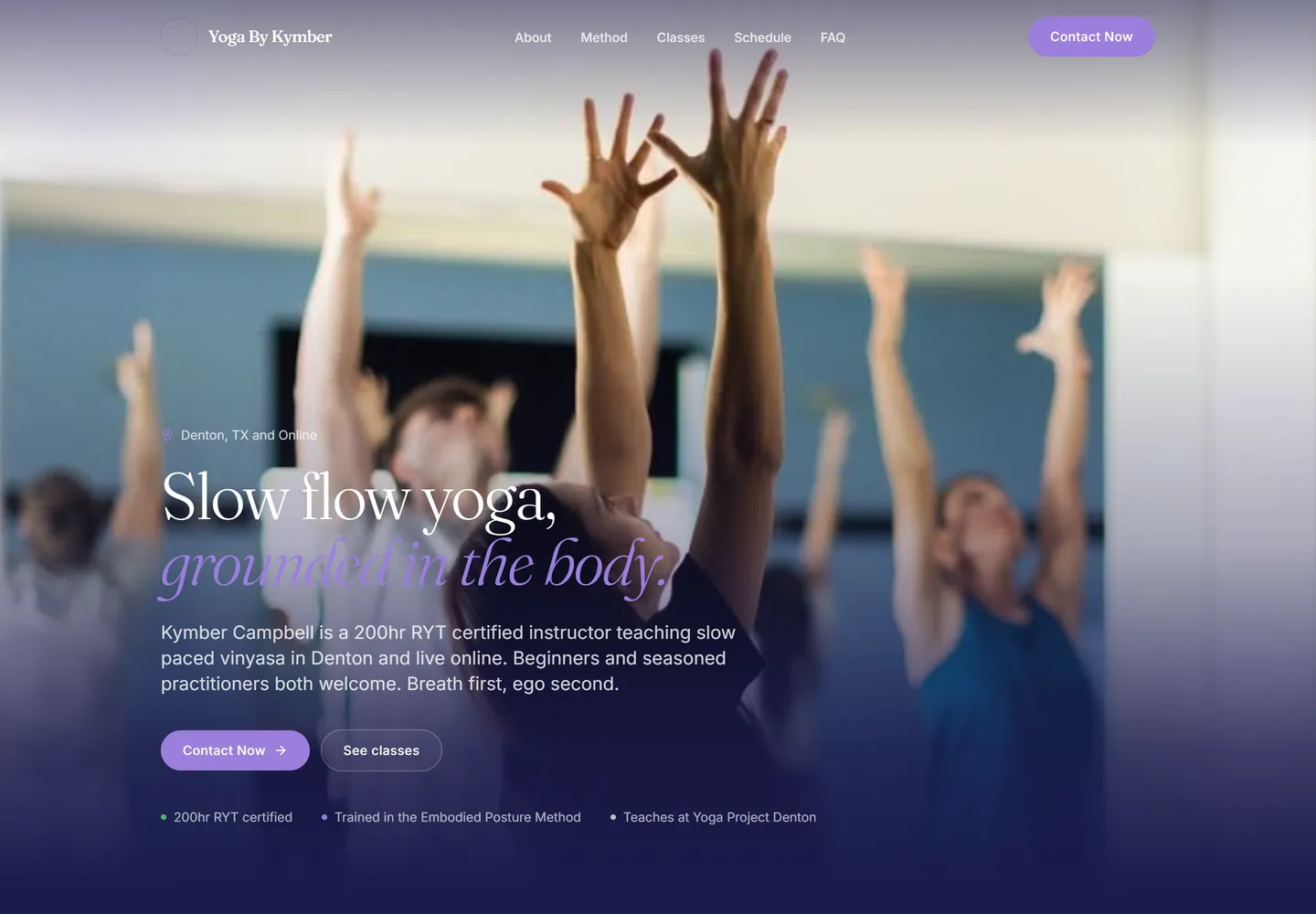 Yoga By Kymber website, desktop